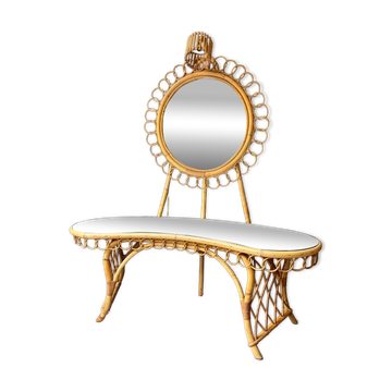 Bamboo, rattan and mirror dressing table with lighting in the style of Audoux-Minet, 1960s.