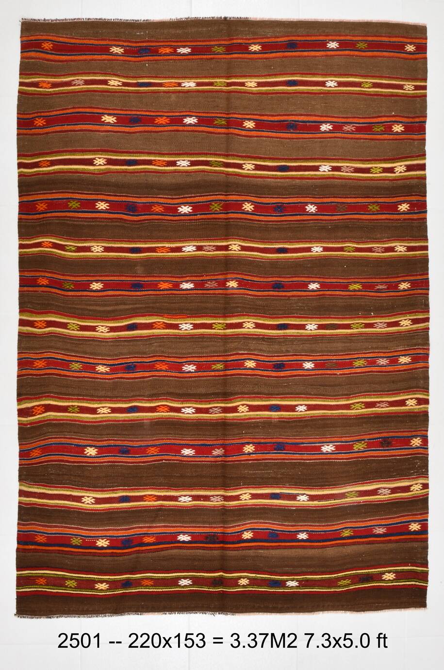 5x7 Brown & Red Handmade Vintage Kilim Rug, 153x220Cm