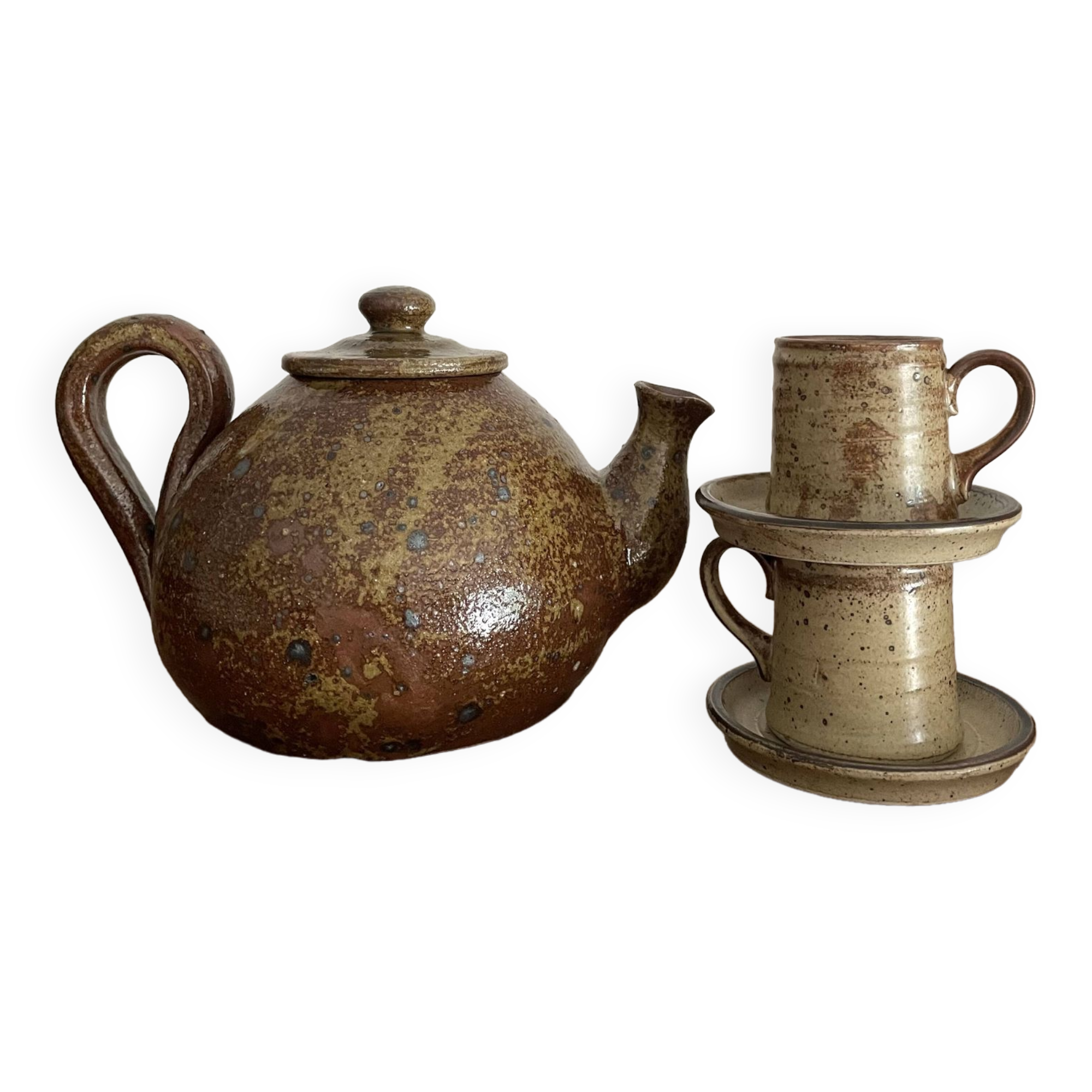 Théière avec 2 tasse à café en grès design vintage