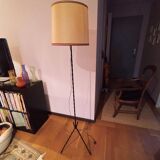 Vintage 1960s tripod wrought iron floor lamp with original lampshade
