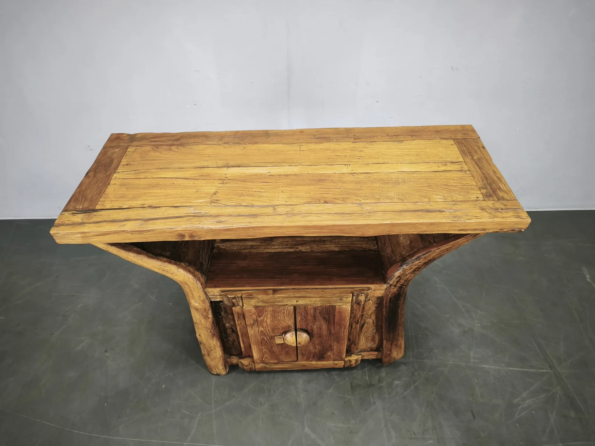 1970s Asian Rustic Solid Wood Console Table, Hand-Carved Primitive Sideboar