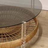 Table basse vintage en verre, rotin et lucite années 70
