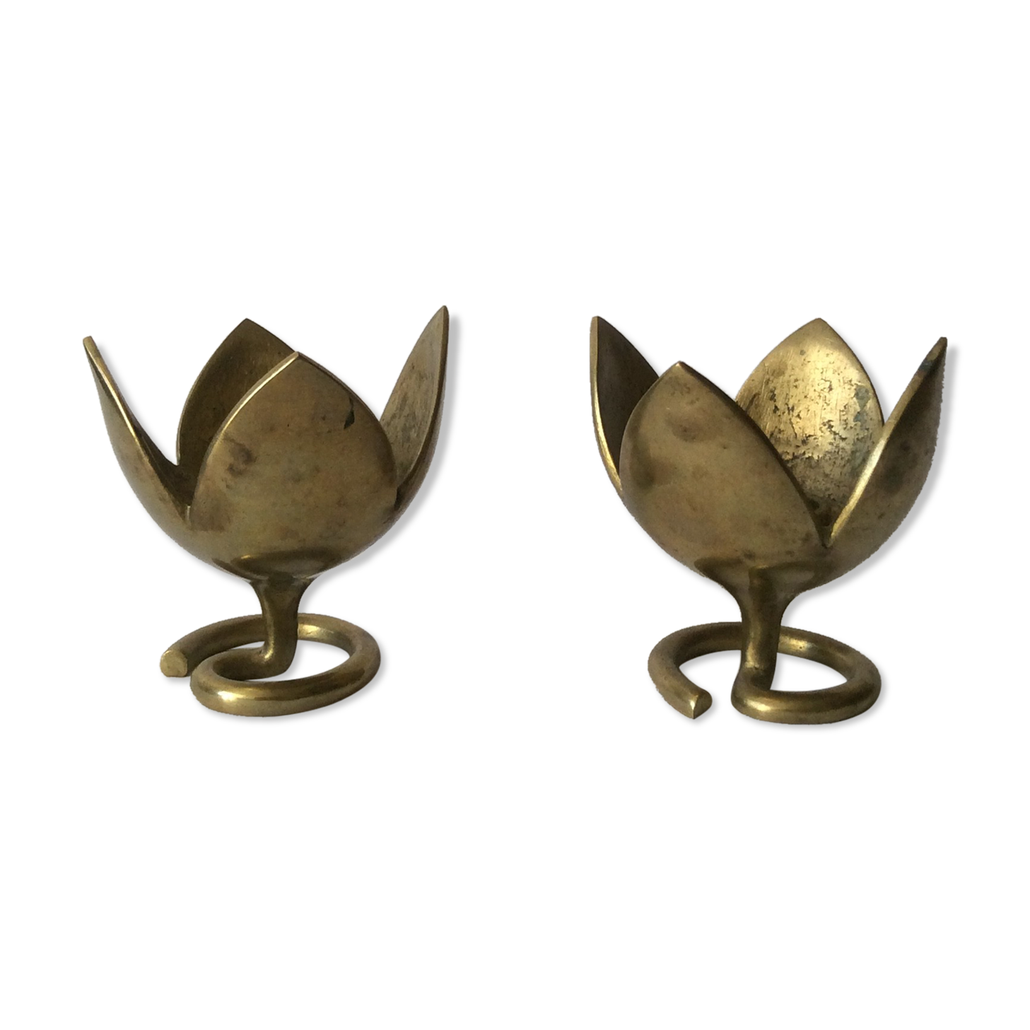 Pair of brass lotus flower candlesticks