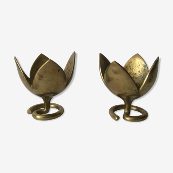 Pair of brass lotus flower candlesticks