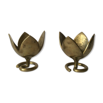 Pair of brass lotus flower candlesticks