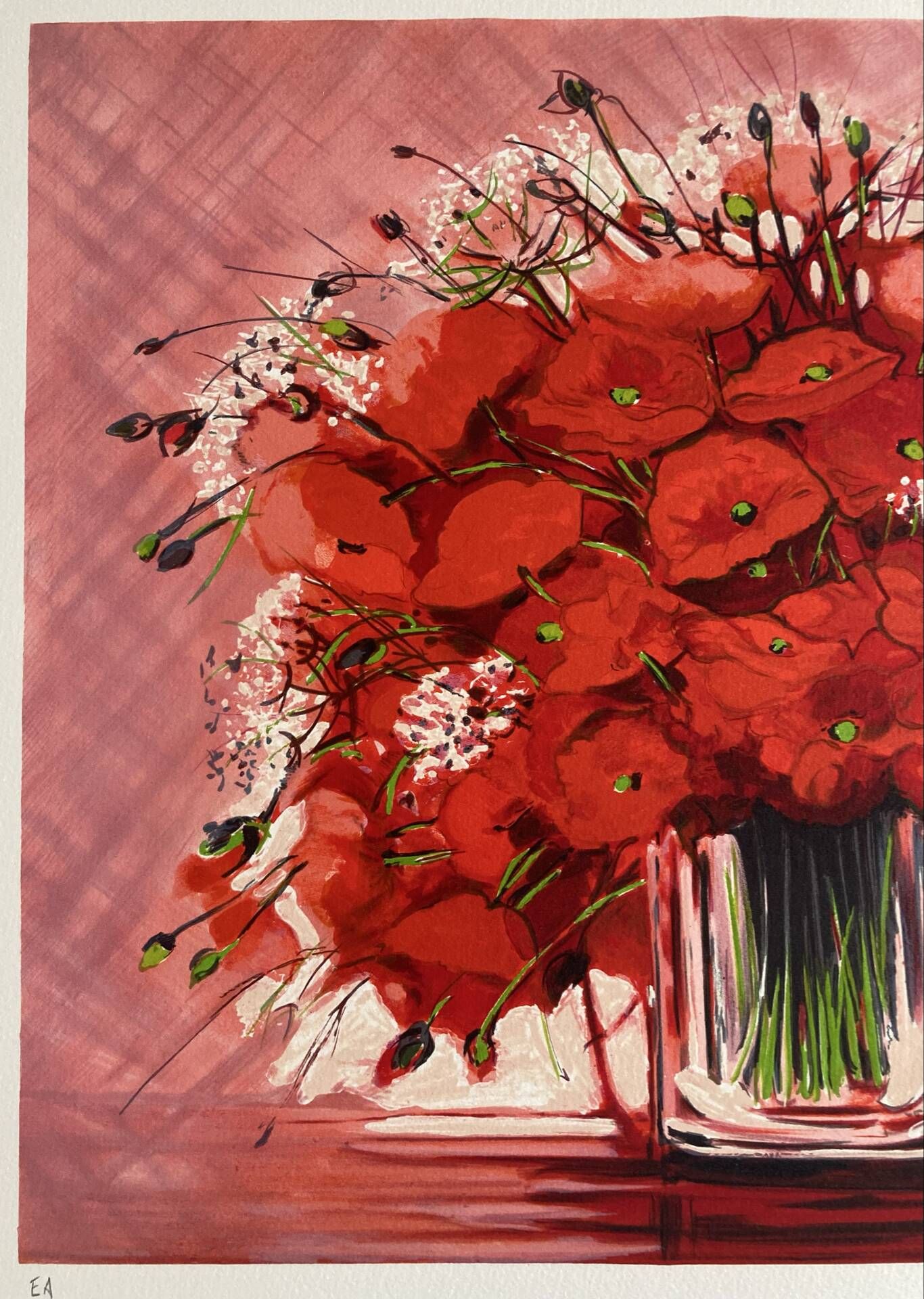 Lithographie originale signée Michel Henry - Bouquet de Coquelicots