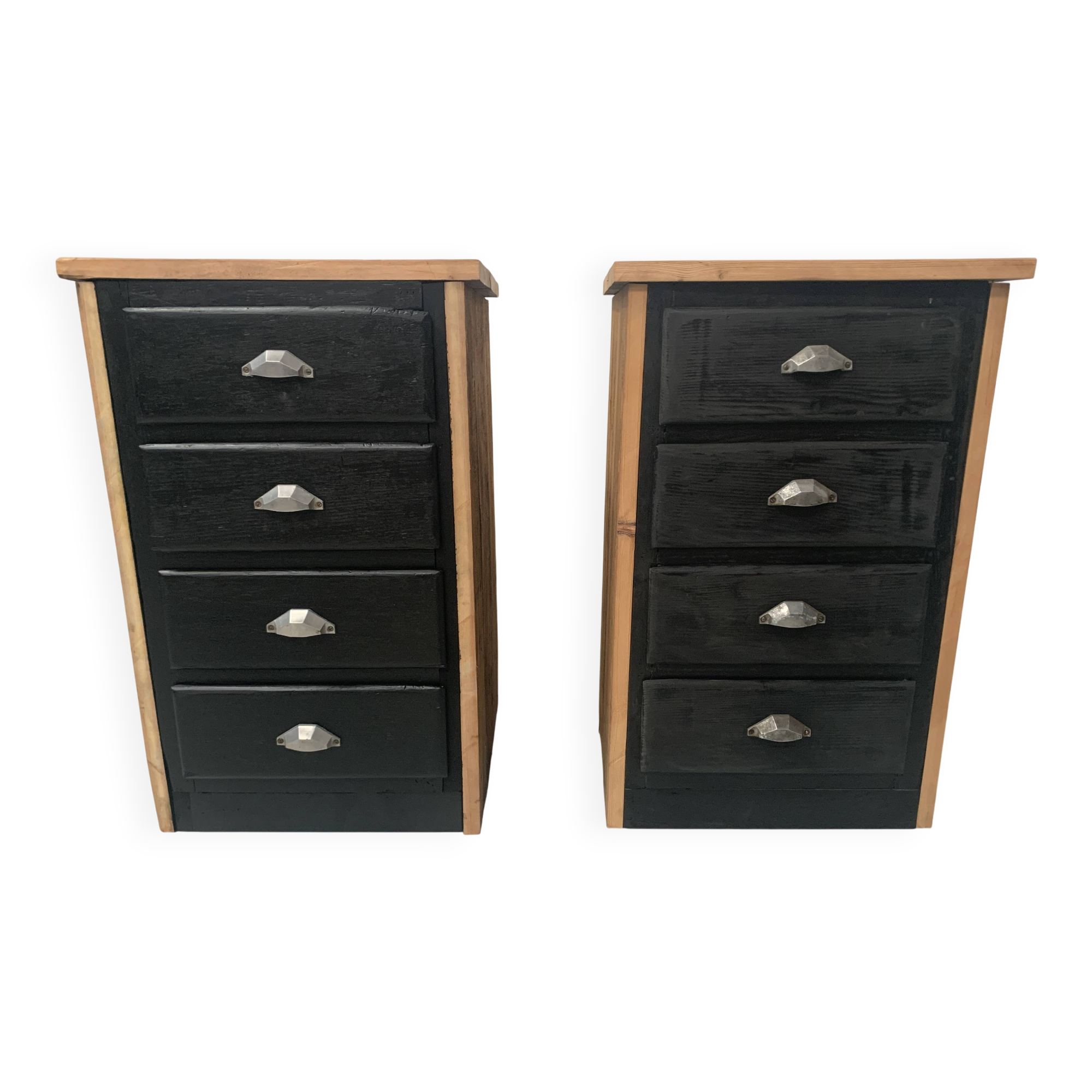 Pair of small brutalist chests of drawers in patinated fir, 20th century.