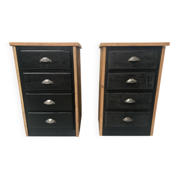 Pair of small brutalist chests of drawers in patinated fir, 20th century.