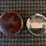 Very old round pocket mirror and leather case, 18th century