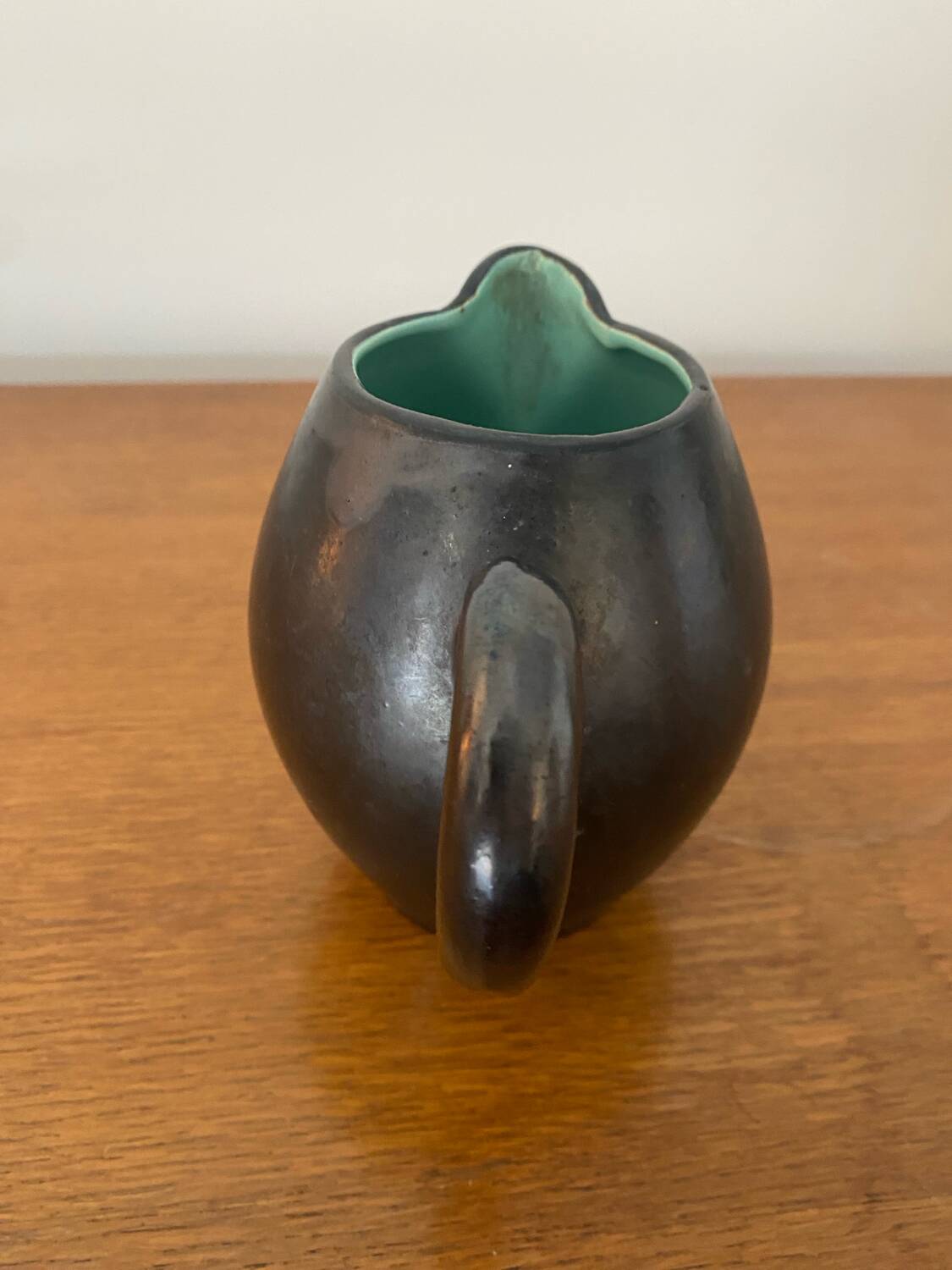 Old ST CLEMENT Ceramic Pitcher Black Green Interior 50's Vintage #B921