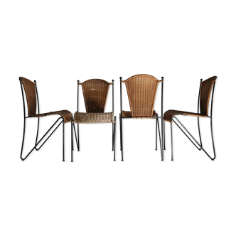 4 vintage chairs in metal and wicker.