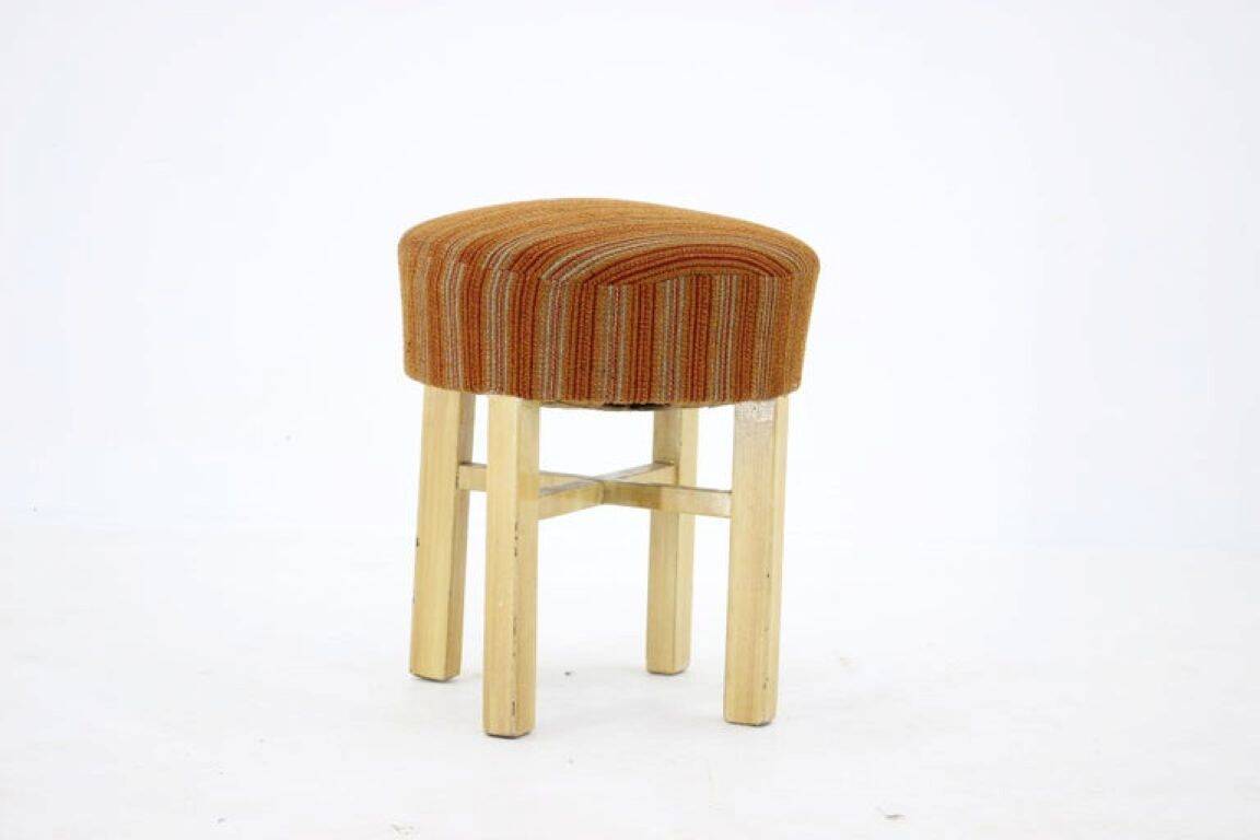 1960s Czechoslovakian Mid-Century Round Tabouret Stool in Striped Fabric
