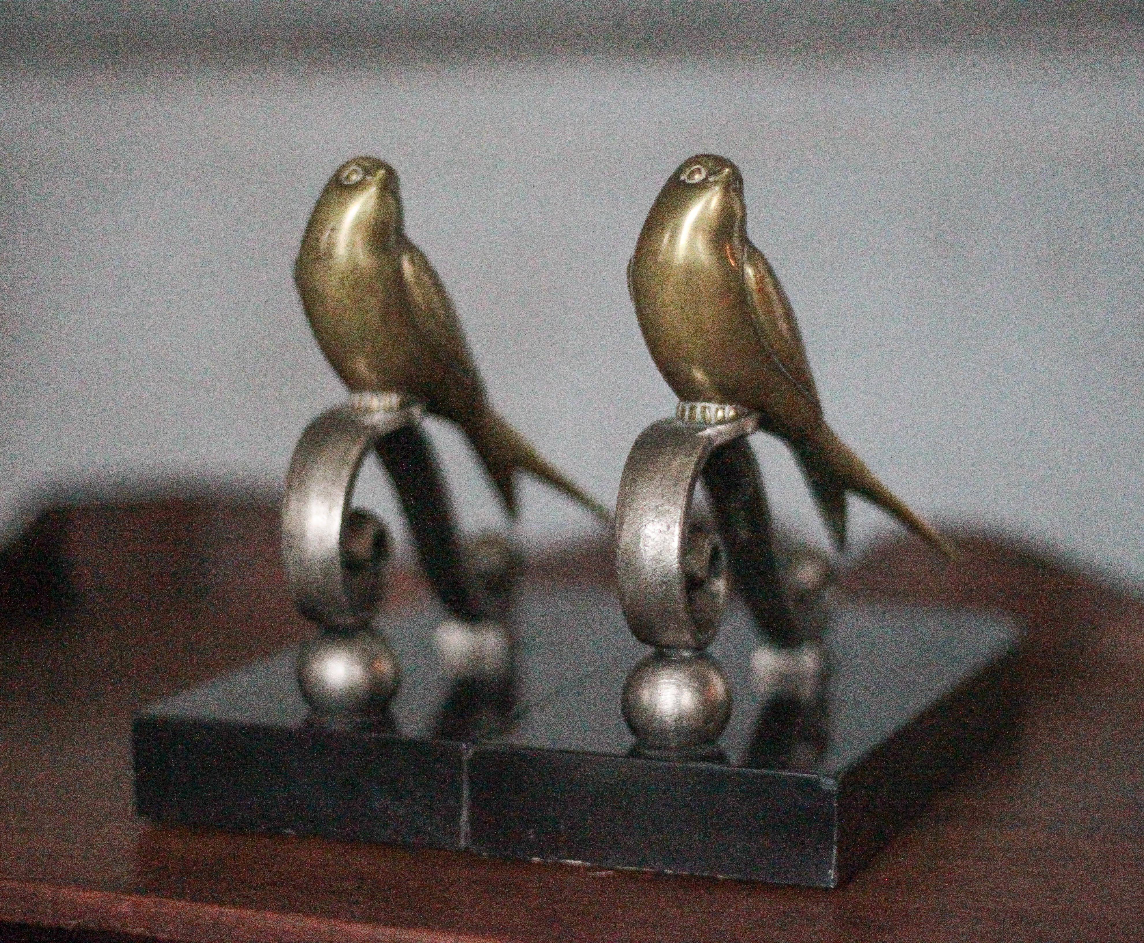 Serre-livres vintage, oiseau laiton socle marbre noir, animaux laiton