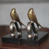 Serre-livres vintage, oiseau laiton socle marbre noir, animaux laiton