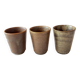 3 vintage 70s glazed stoneware cups and the wicker tray.