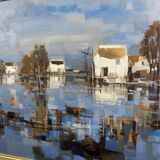 Large oil painting on canvas Camargue landscape Roger QUINTAINE 1921-2005