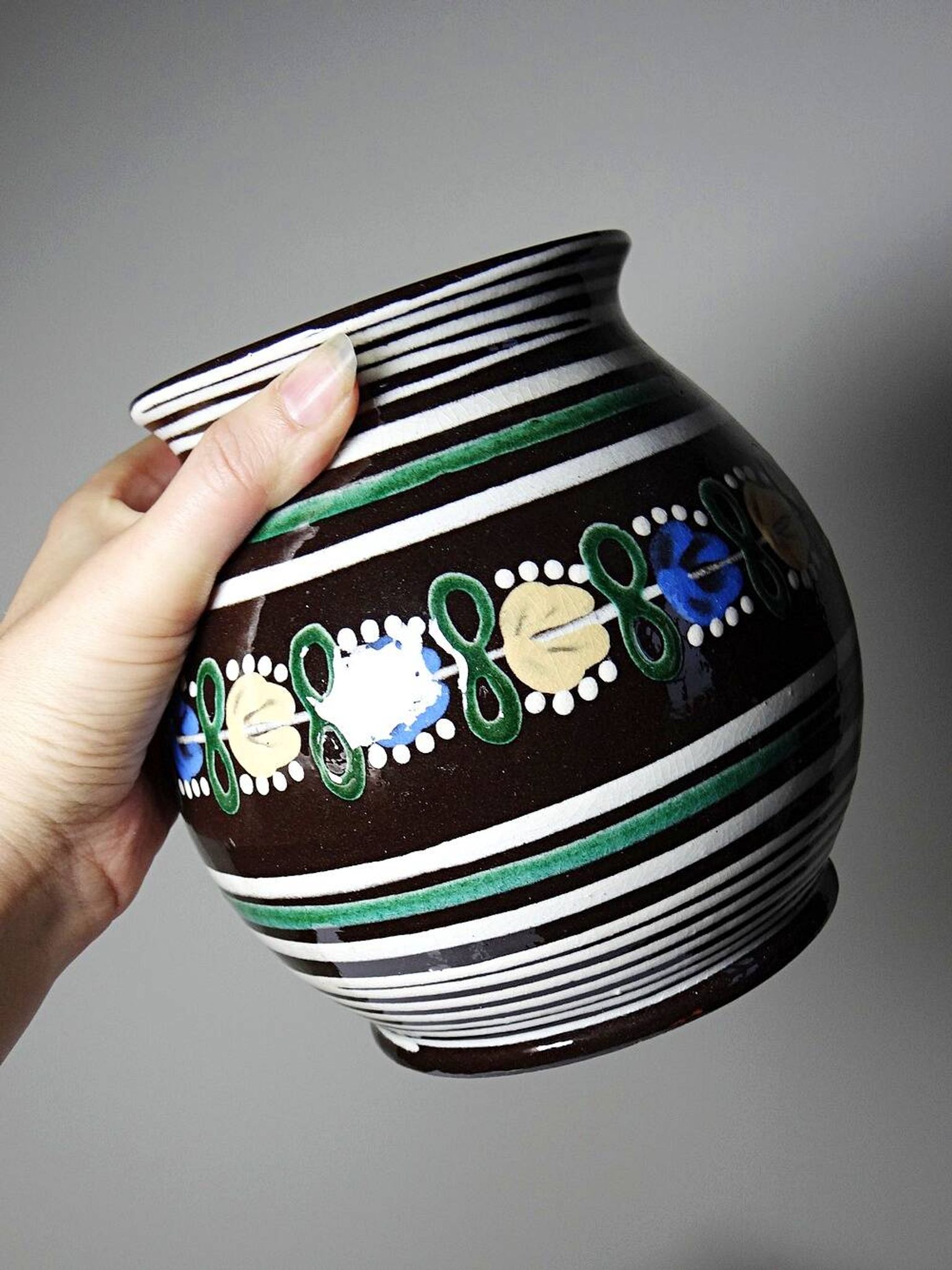 Small antique Slovak vase from Pozdišov in glazed terracotta, 1920s-1930s.