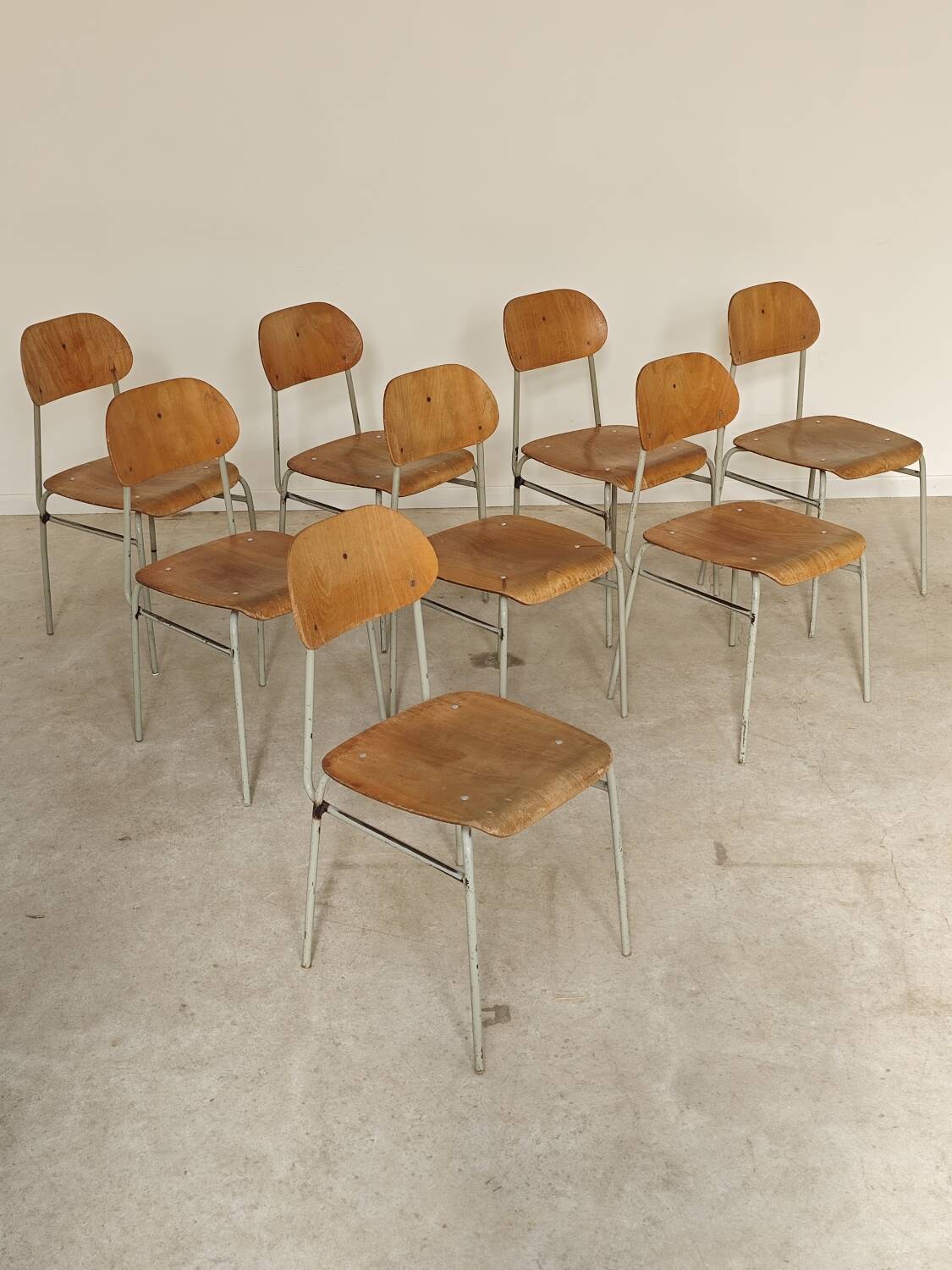 Set of 8 metal and wood school chairs  
Former Czechoslovakia 1960