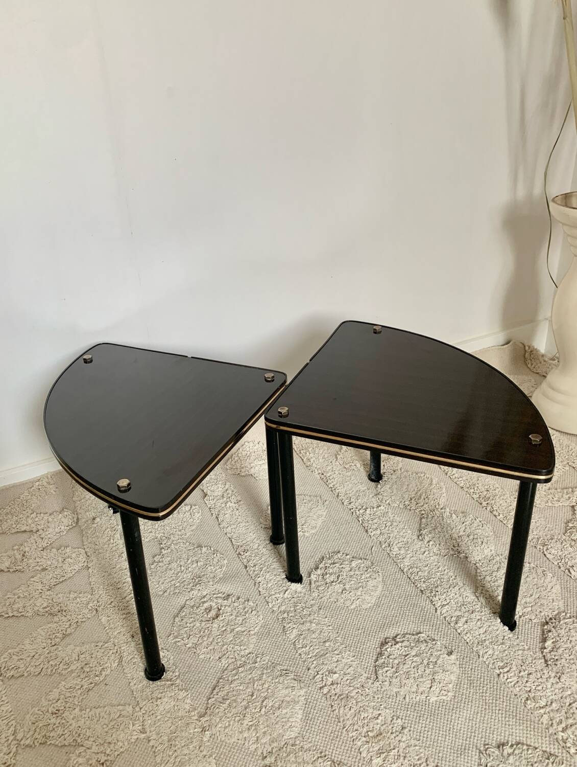 Pair of vintage 1960s side tables – wood veneer & brass, metal legs