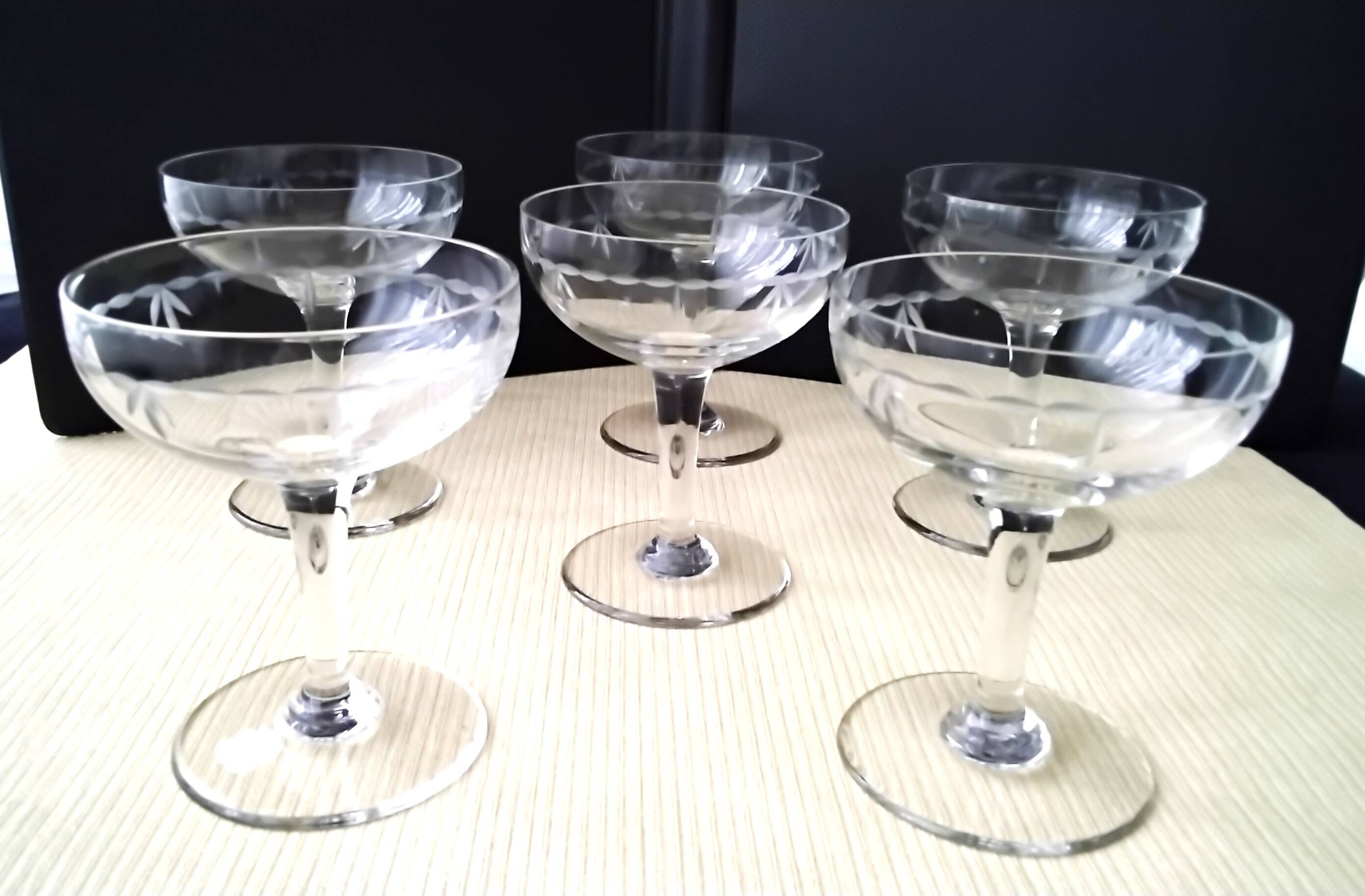 6 Vintage Ground Glass Champagne Glasses