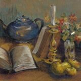Grease pencil painting of objects on a flowery entablature