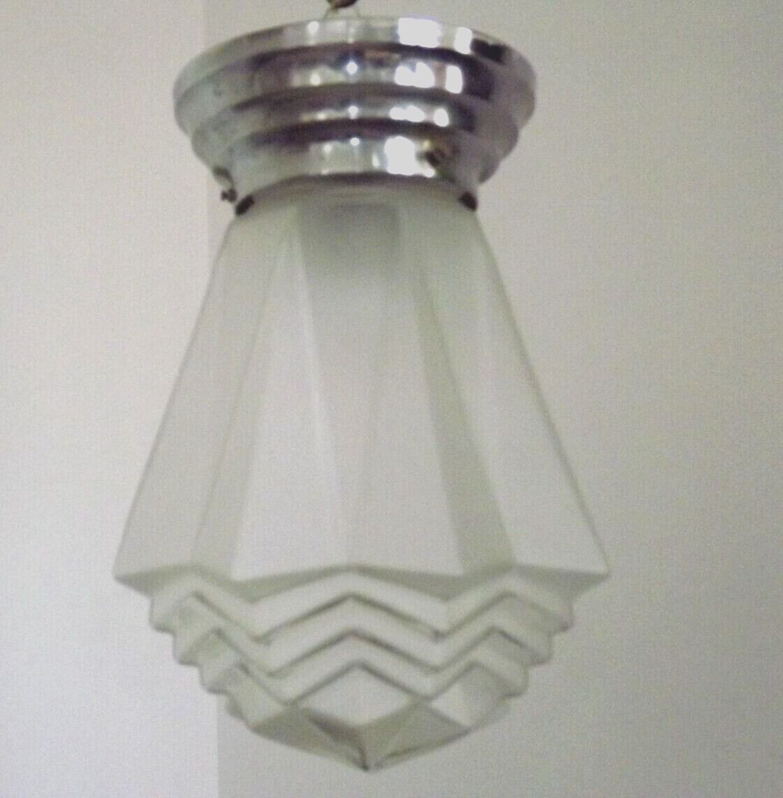 French 1920's-1940's art deco milk glass skyscraper tiered light fixture 3995