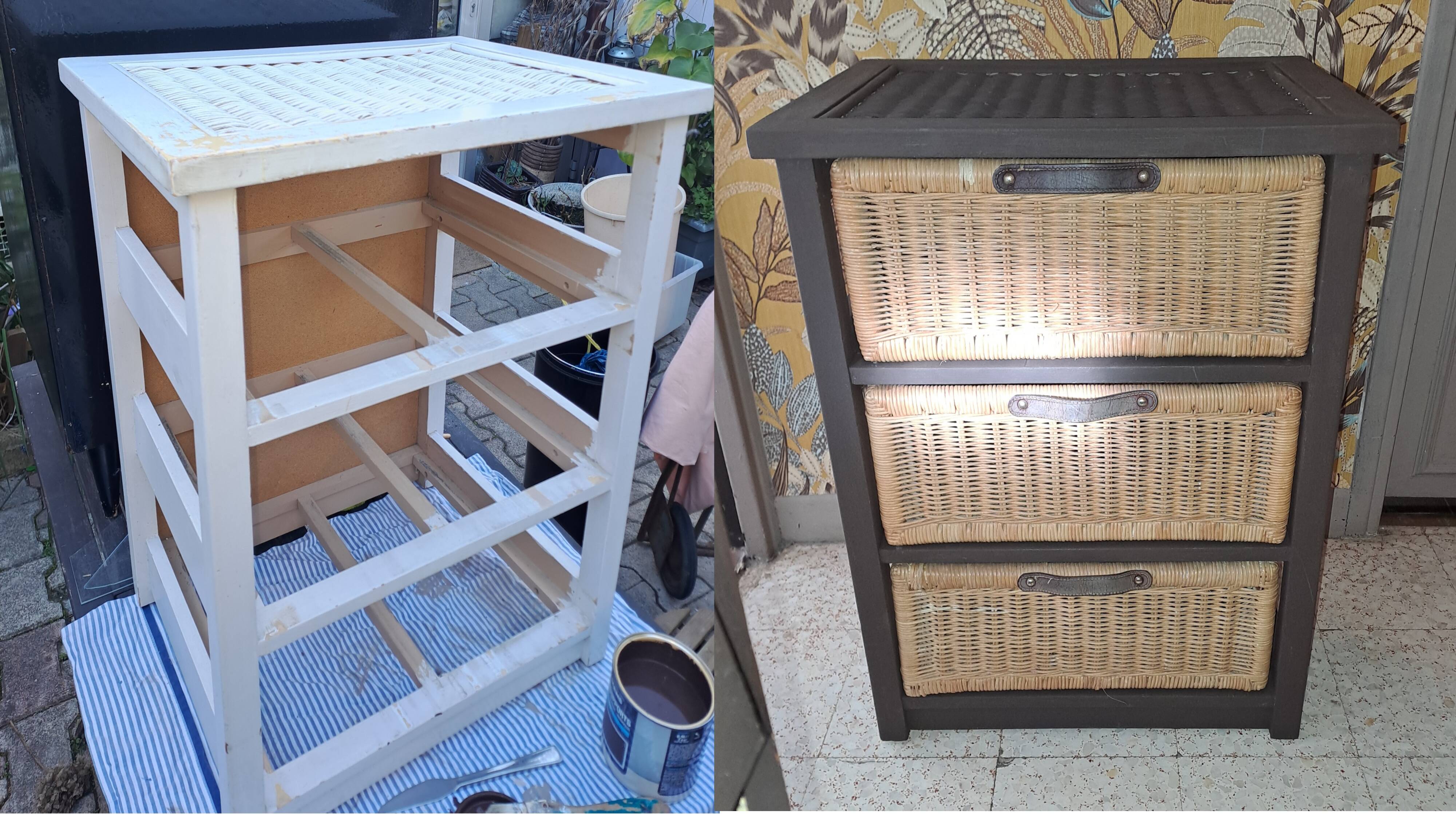 Wooden and wicker storage unit France 1980 / in dark brown repainted wood and 3 wicker drawers