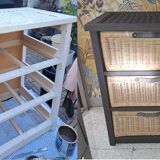 Wooden and wicker storage unit France 1980 / in dark brown repainted wood and 3 wicker drawers