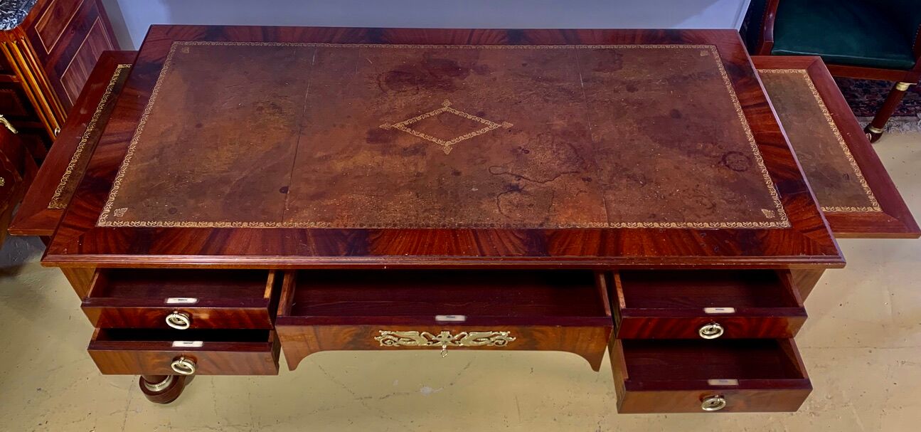 Empire flat desk, mahogany, double-sided, gilded bronzes