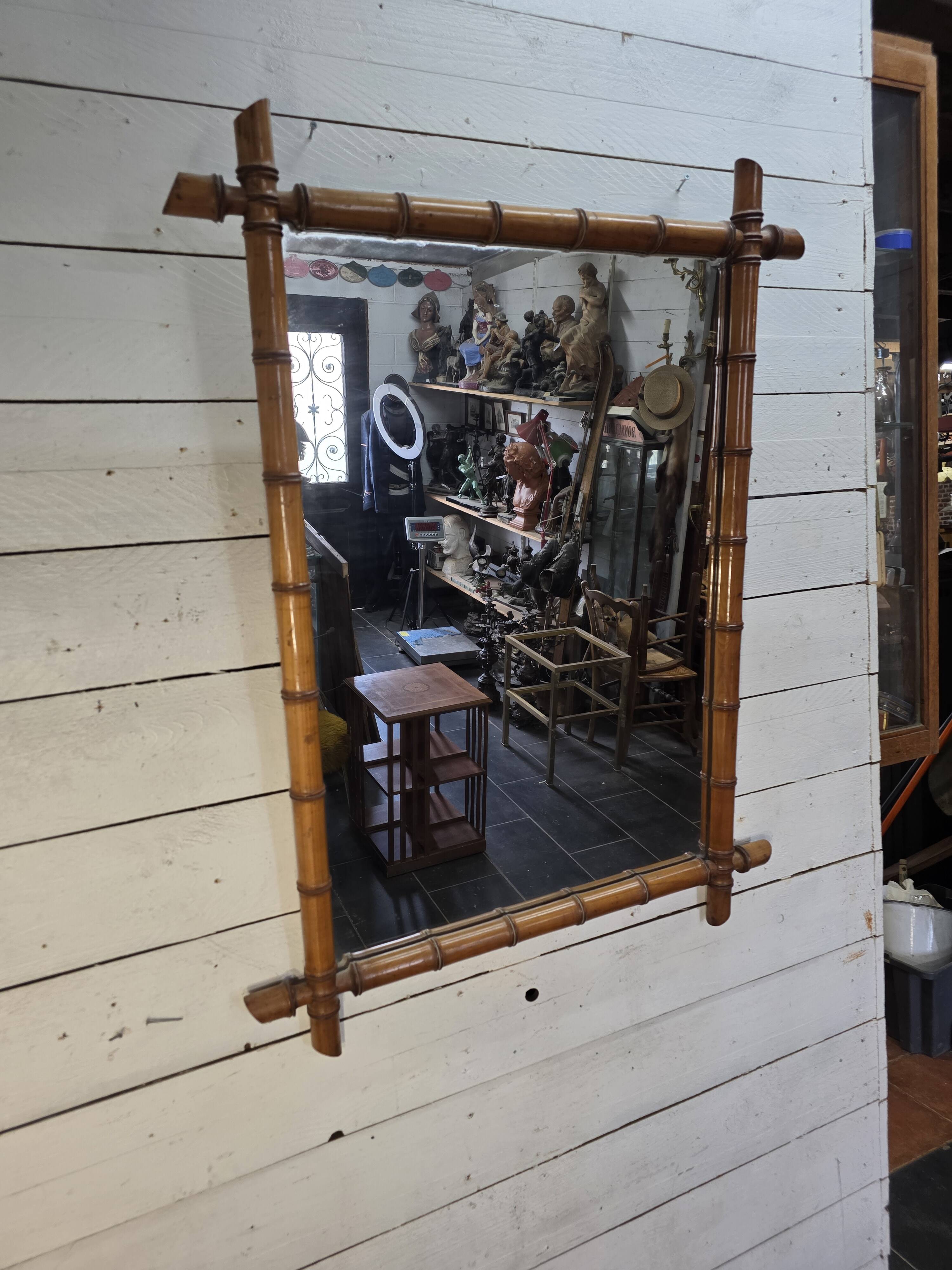 Large cherry wood bamboo mirror 100×76cm