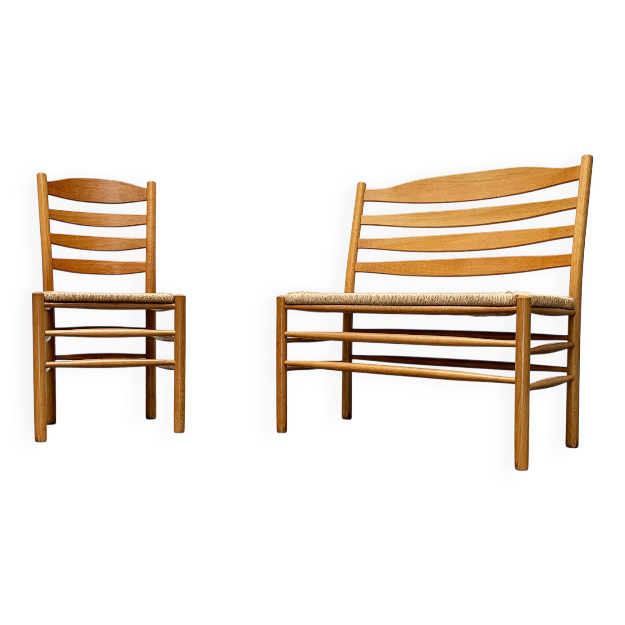 Scandinavian bench and chair set made of paper cord and oak from TS.