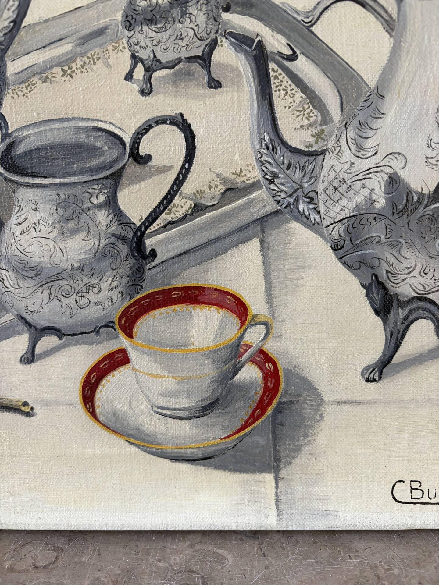 The silverware, still life, oil on canvas signed Burton 1983.