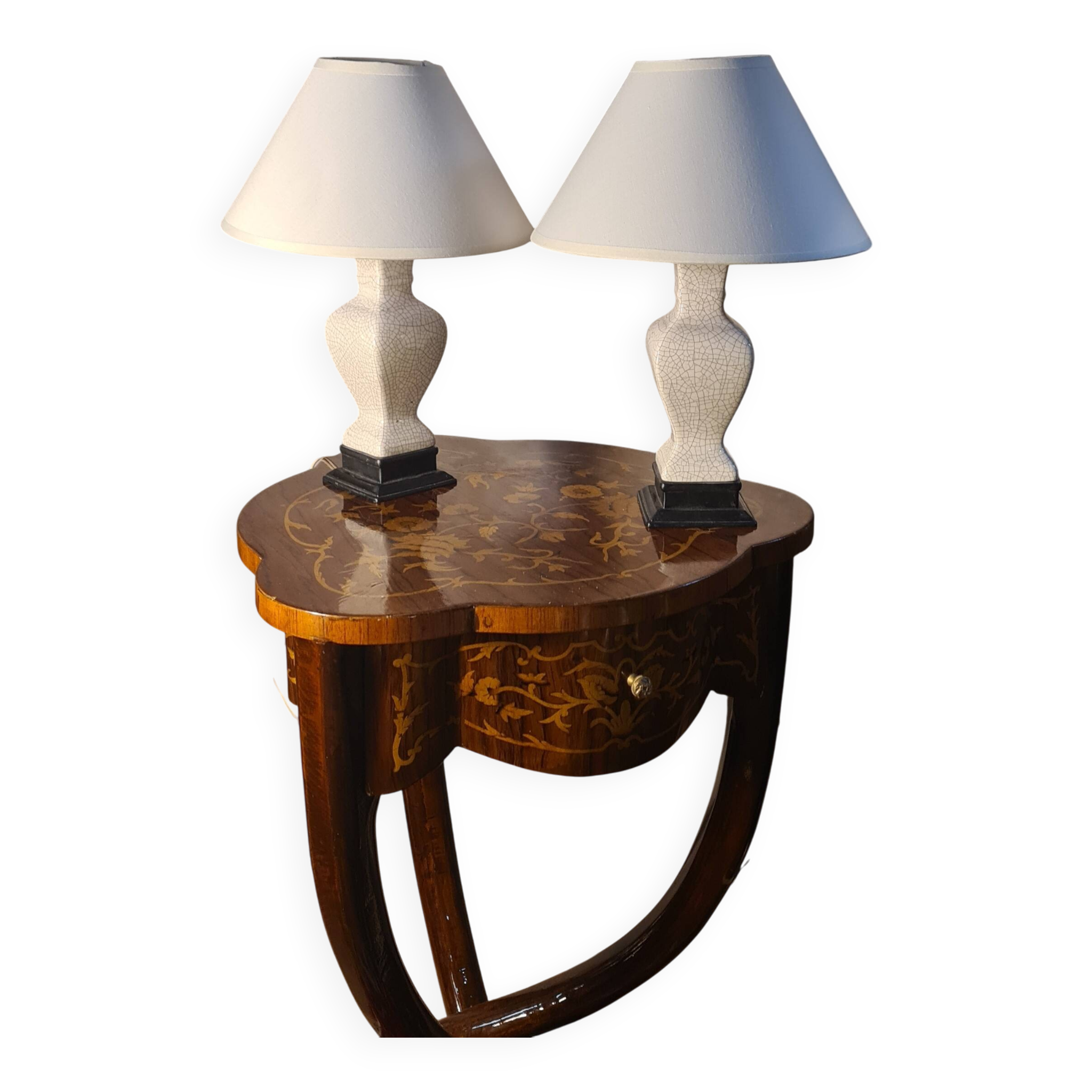 pair of cracked ceramic and wood lamps, 36x23 lampshade and electrical inter o
