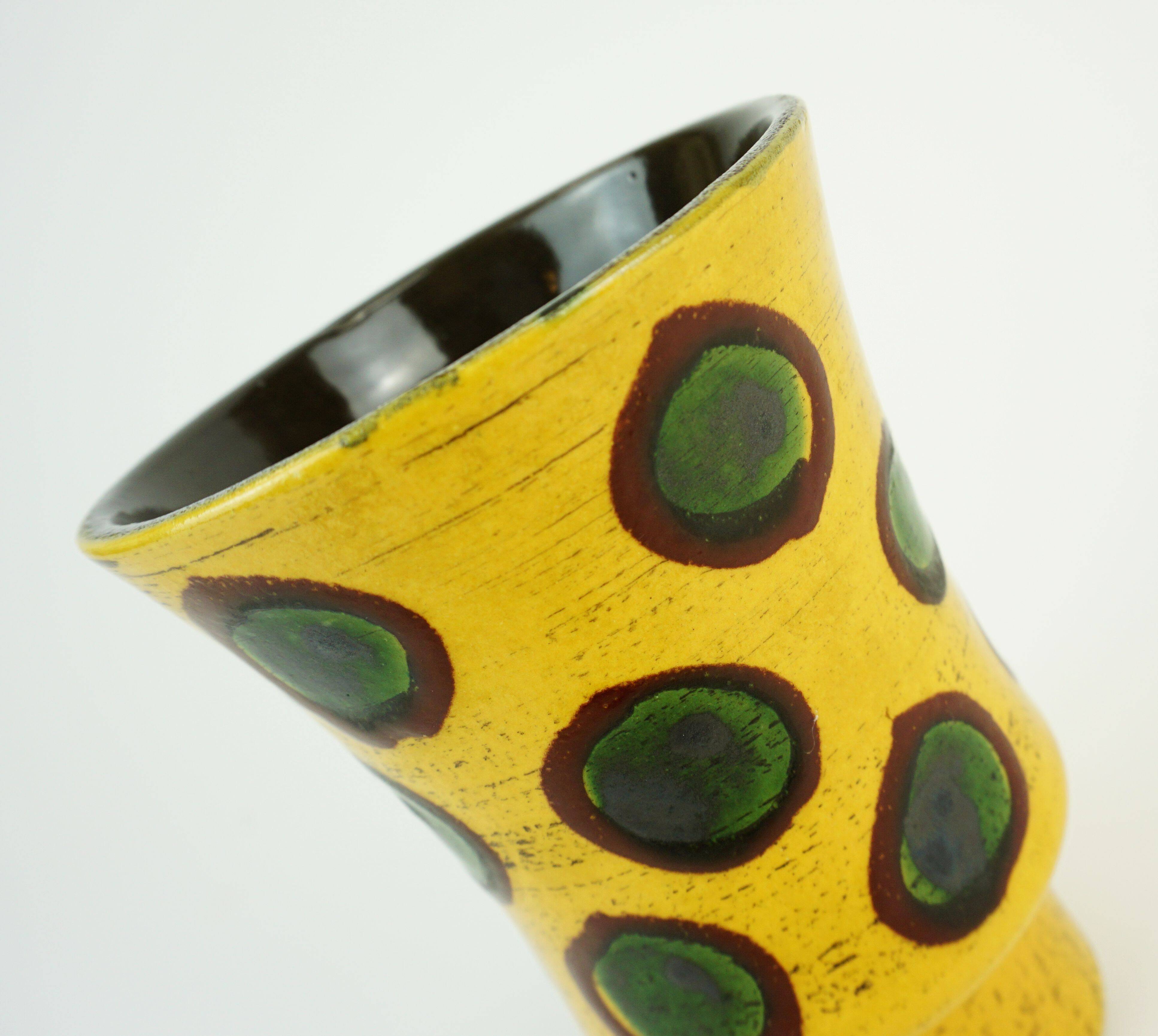 colorful hand-painted strehla gdr ceramic VASE yellow brown green polka dot