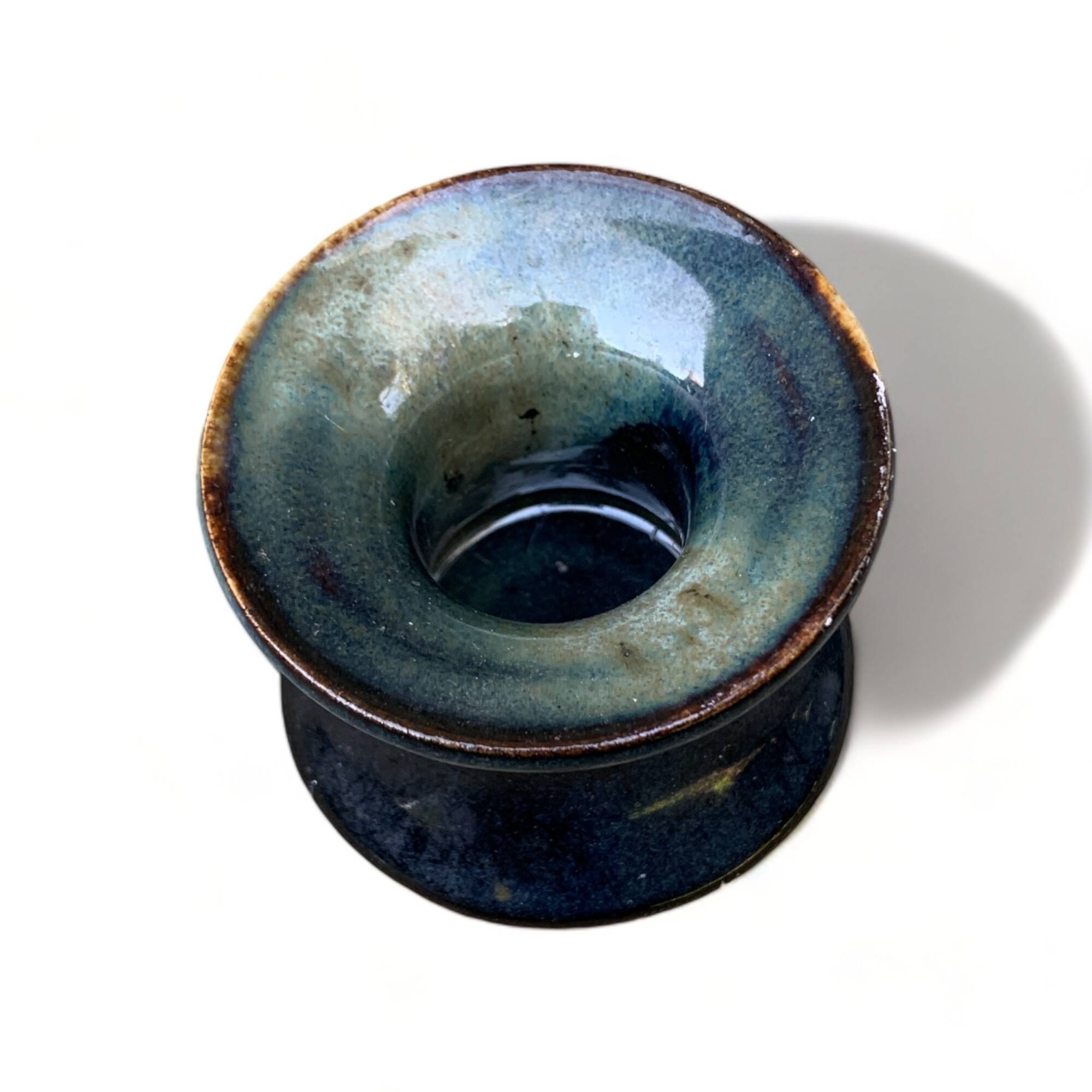 Small 6cm candle holder signed MY enameled ceramic art from France vintage old