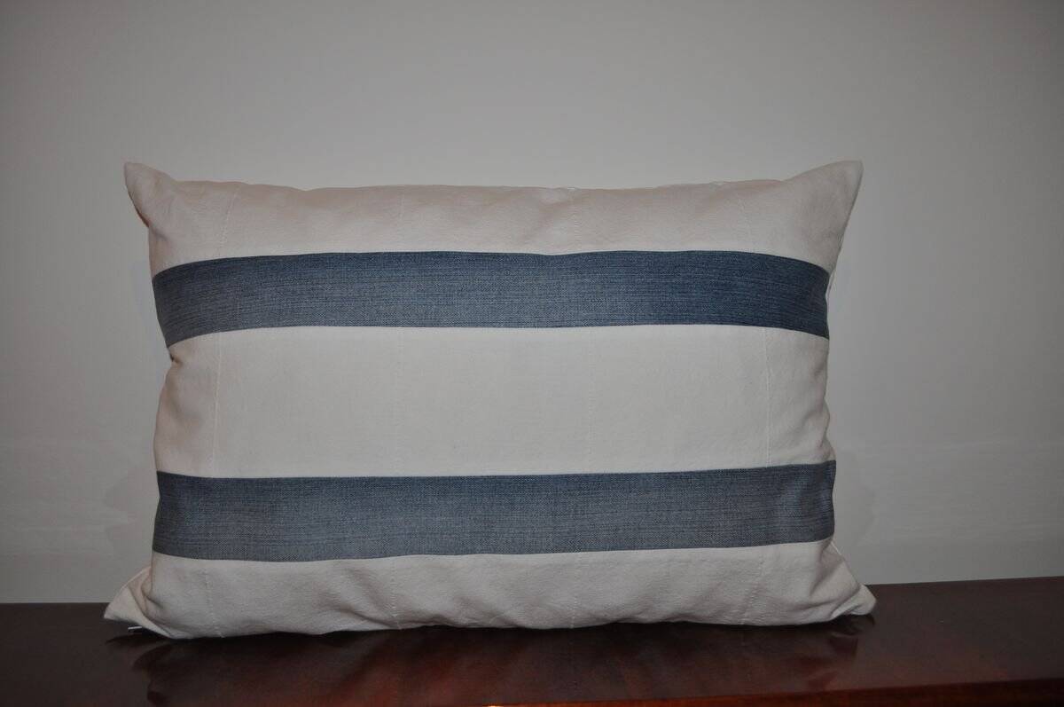 Lot de 2 coussins vintage rayés bleu et blanc en lin, 65 x 40 cm