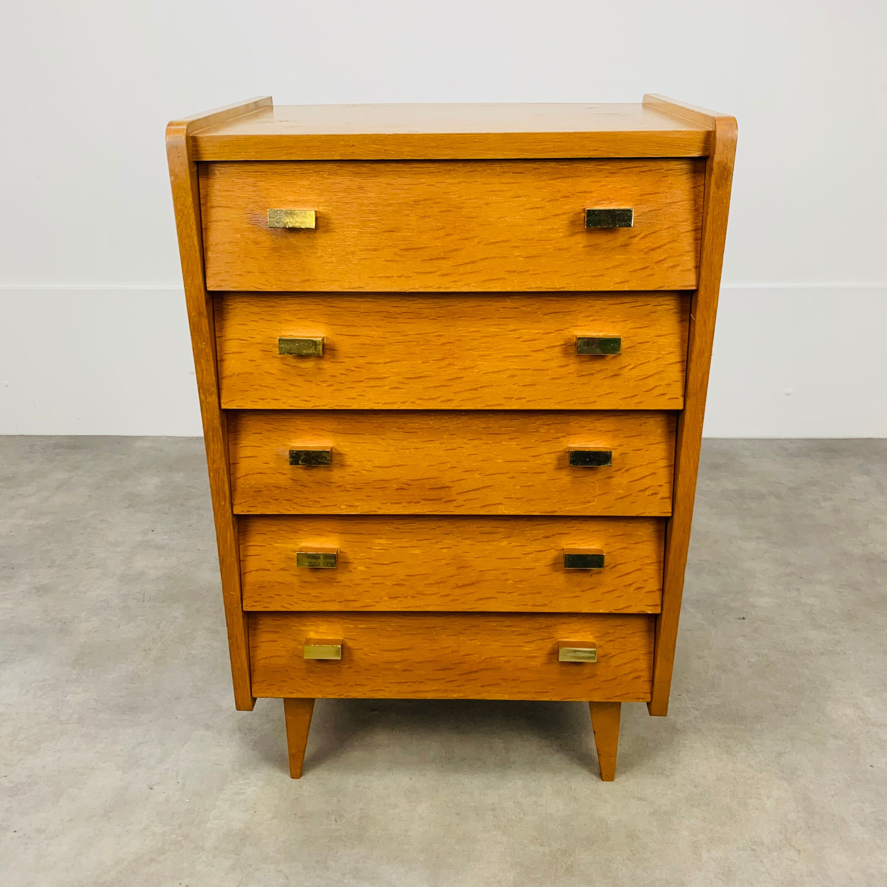 Commode chiffonnier pieds compas années 50 bois blond