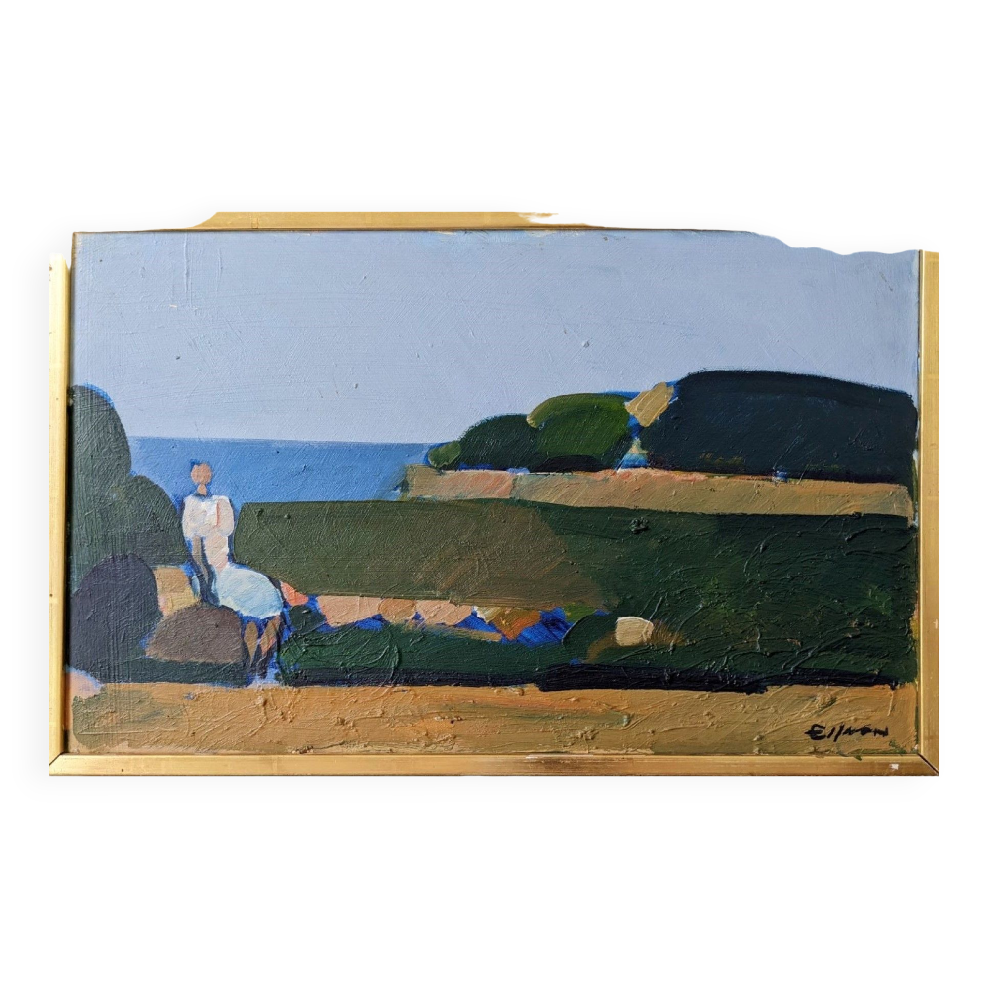 Mid-Century Modern Swedish Oil Painting "Coastal Musing" Framed Landscape