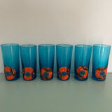 Six blue blown glass and enamel on copper glasses.