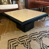 Coffee table in lacquered wood and vintage travertine