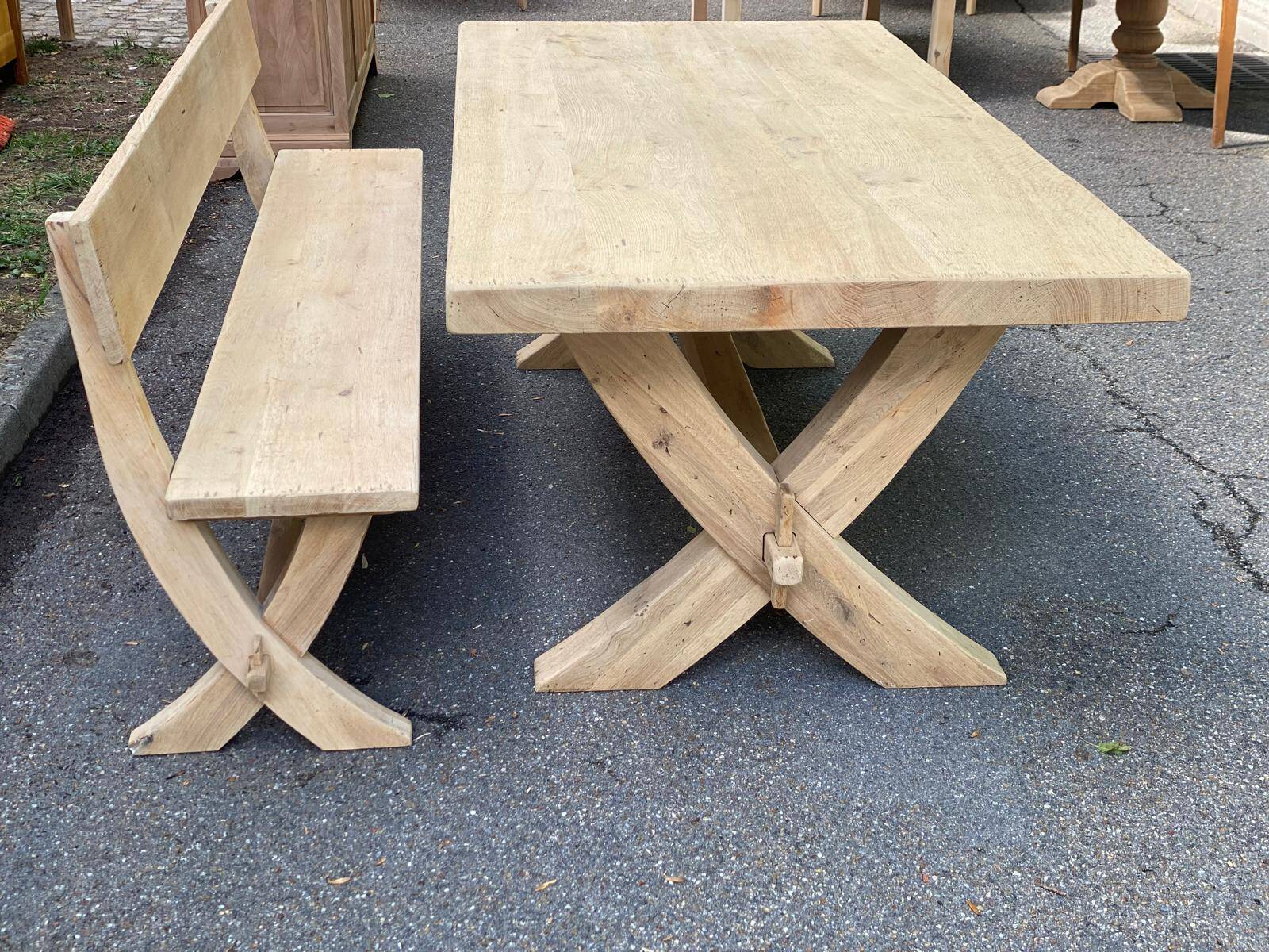 Monastery bench with a 220 cm backrest, renovated in raw solid oak with X legs.