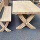 Monastery bench with a 220 cm backrest, renovated in raw solid oak with X legs.