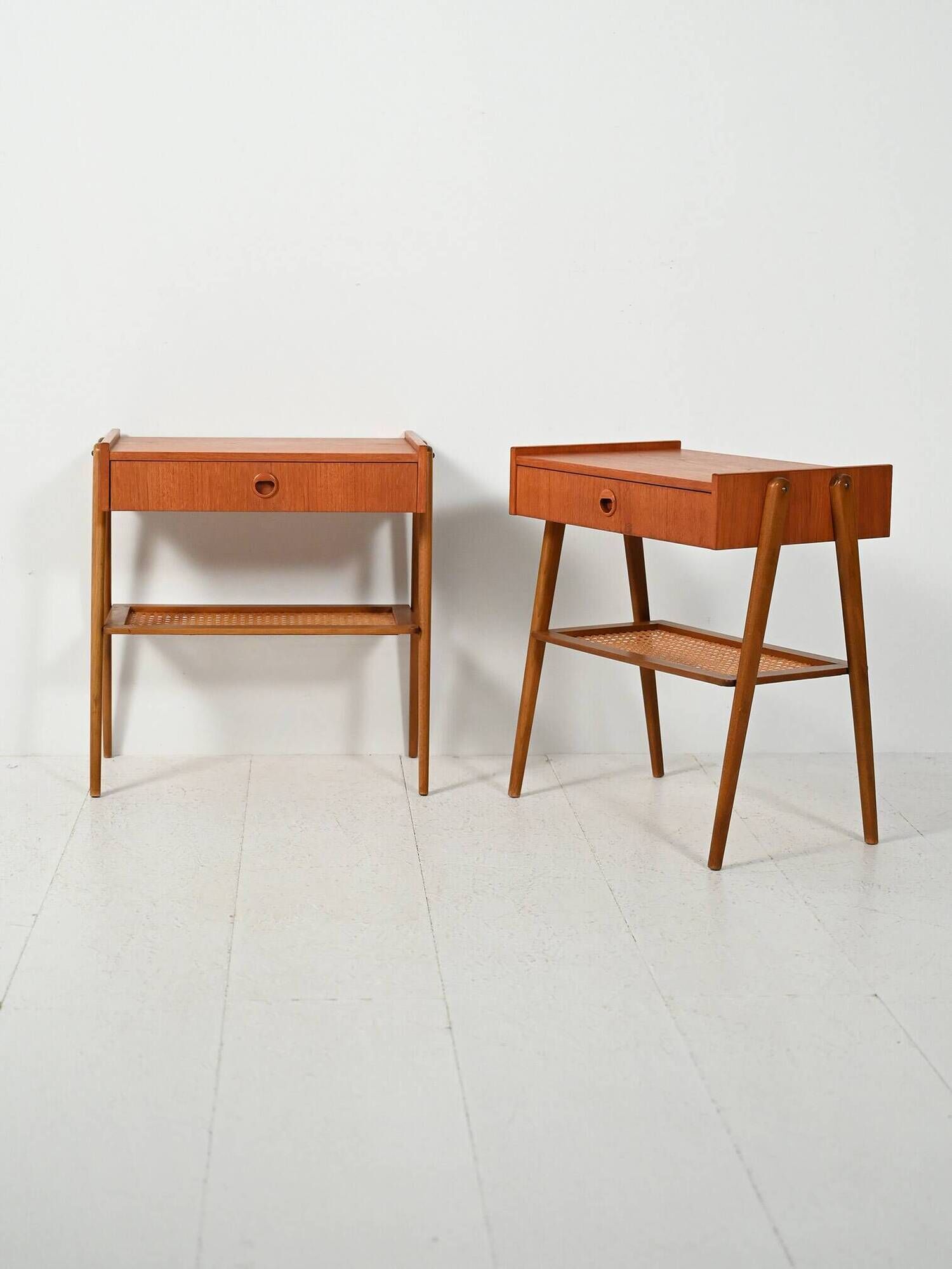 Pair of Scandinavian bedside tables in teak with Vienna cane