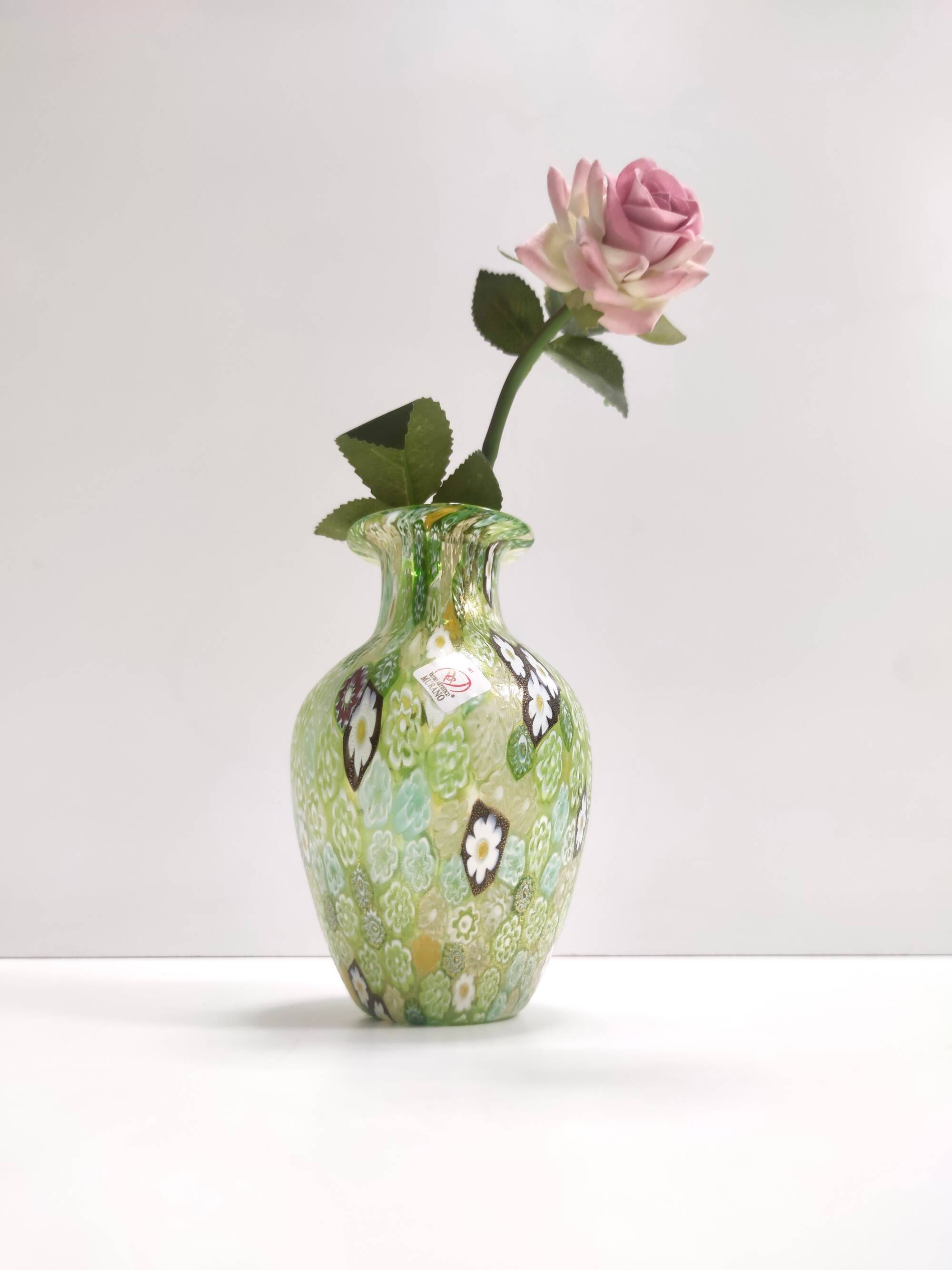 Millefiori Green Murano Glass Vase with Murrines and Gold Leaf, Italy