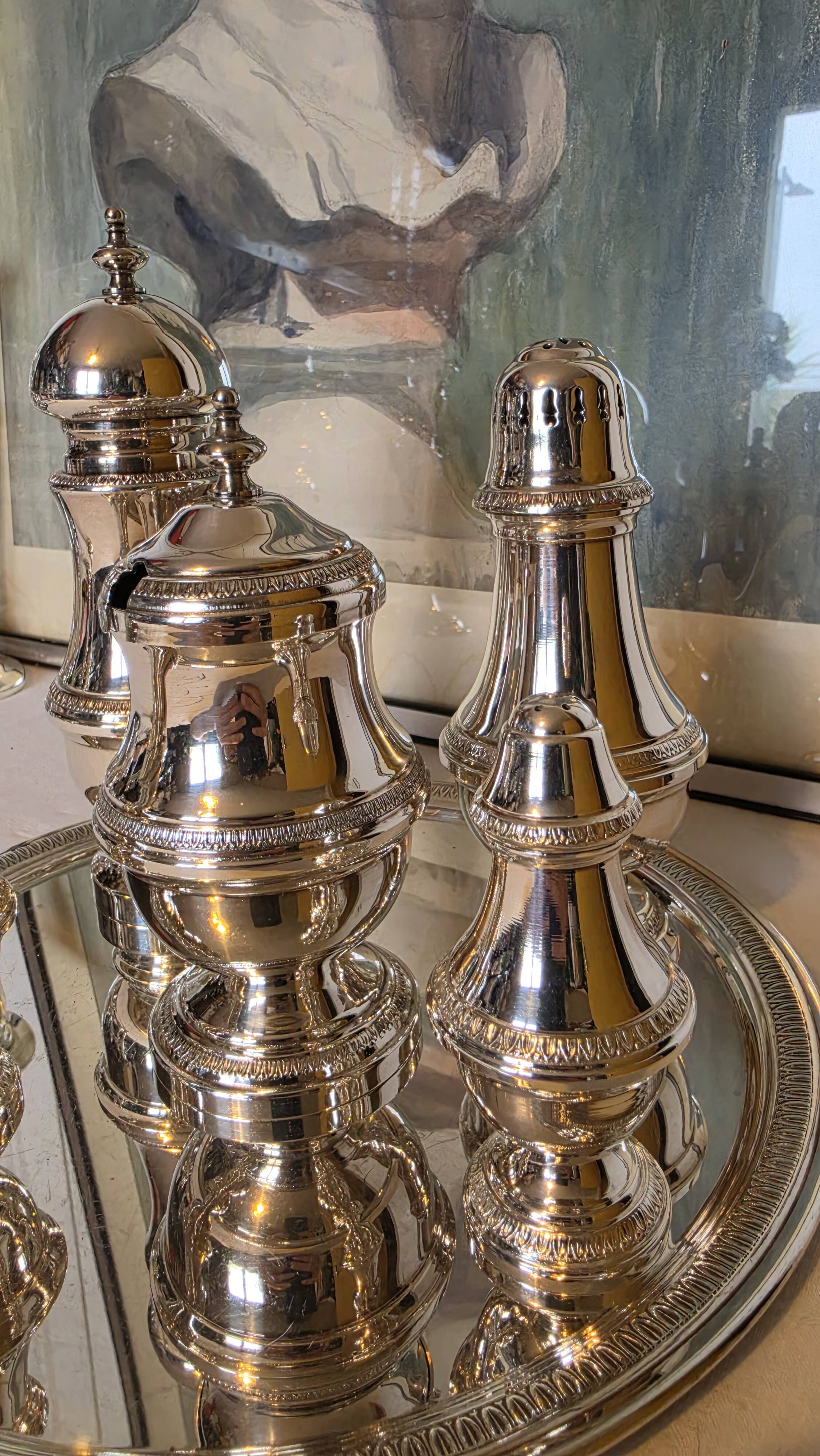 Exclusive 6-piece silver-plated spice service, classic Georgian style.