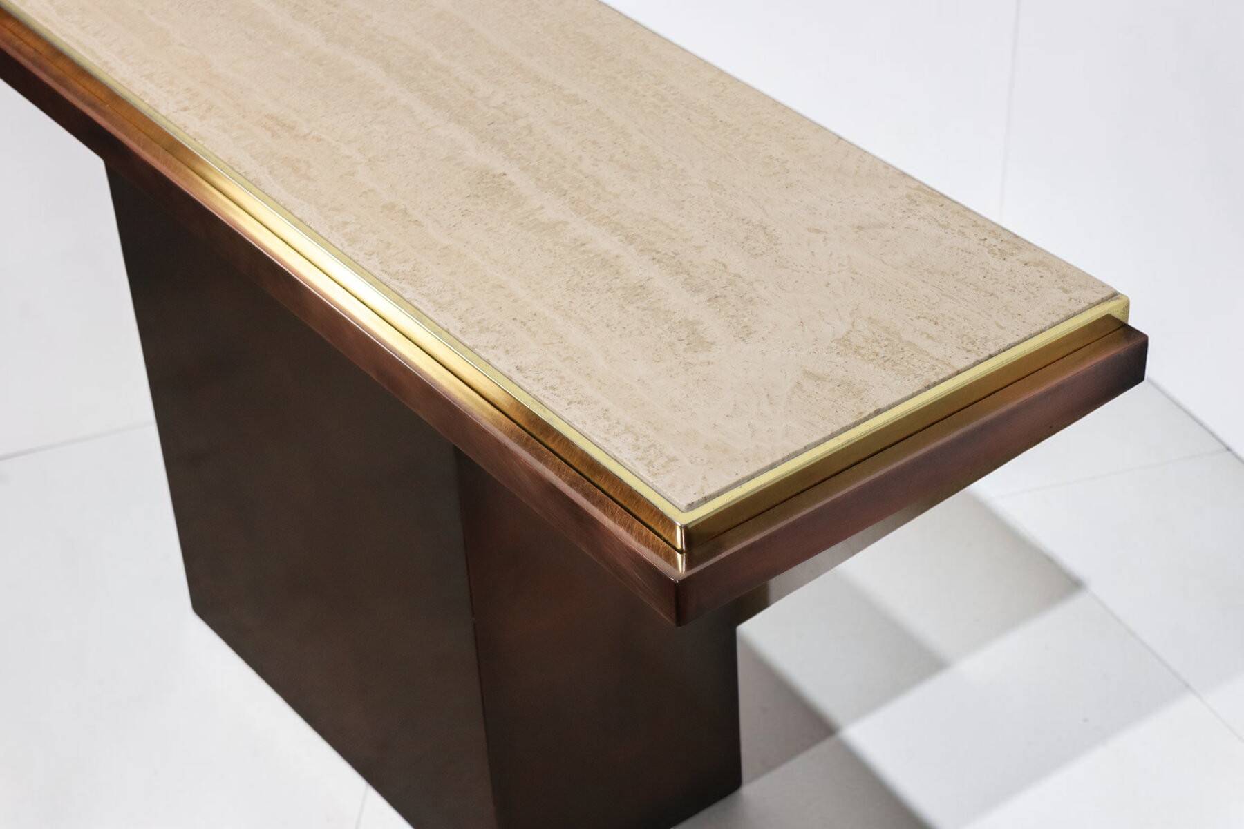 Minimalist console in travertine and patinated metal — 1970s