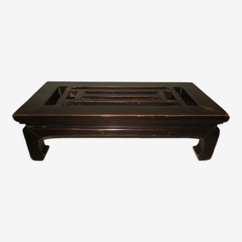 Antique Chinese low table with fretwork top and horse hoof feet, 1900