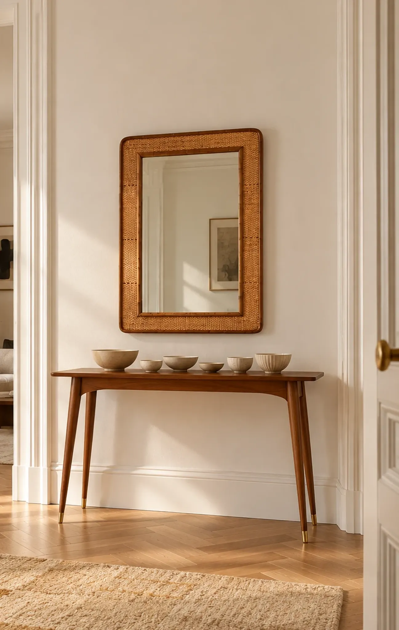 1970s Mid-Century Rattan and Pencil Reed Large Mirror, Spain