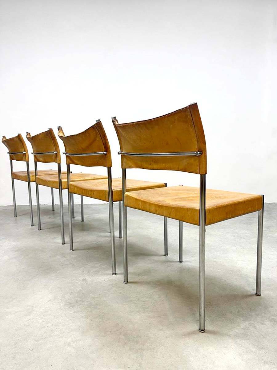 Vintage Dutch design chrome dining set leather chairs 'Minimalism'