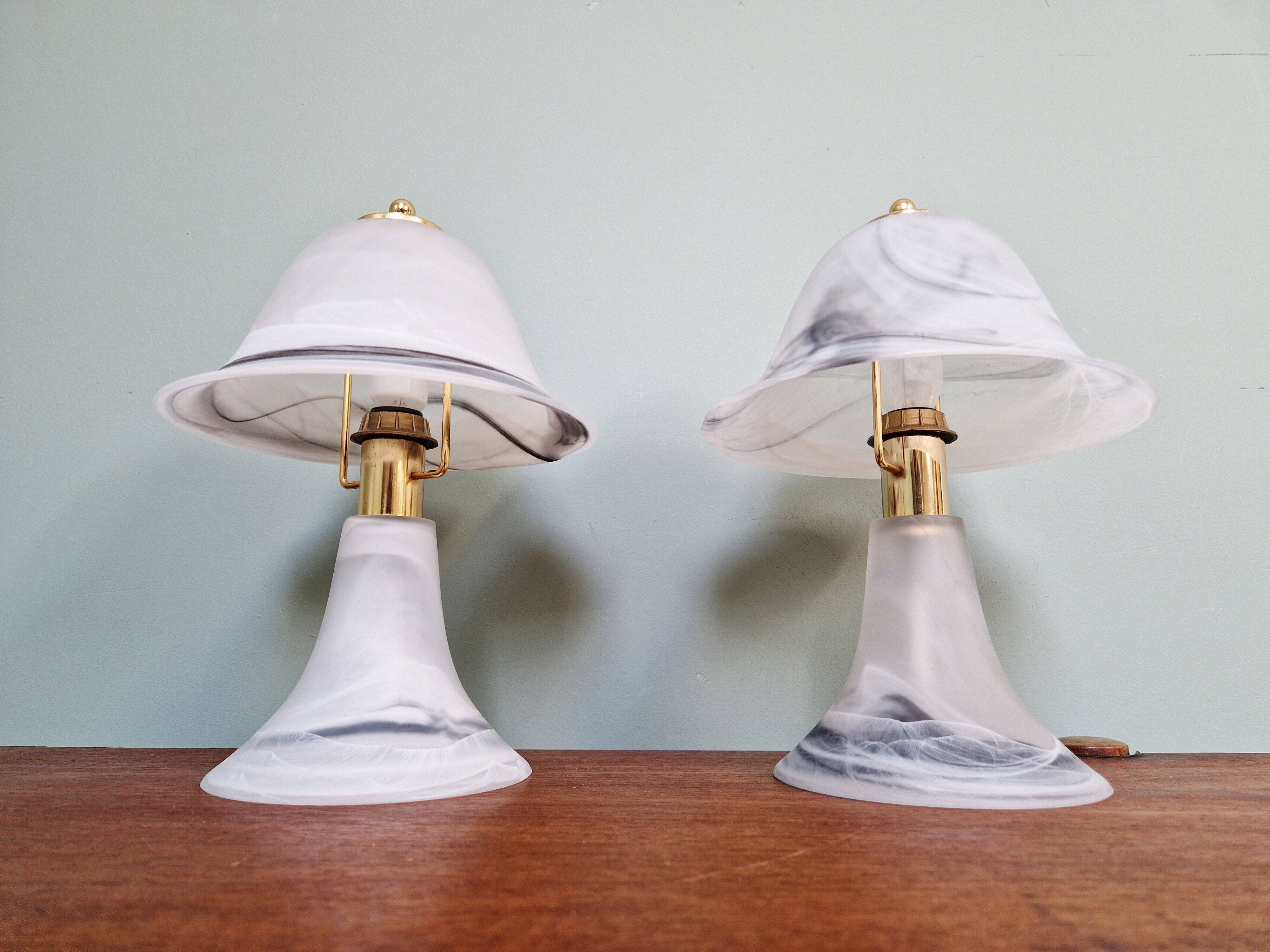 Pair of marbled Murano glass mushroom lamps, 1970s-80s.